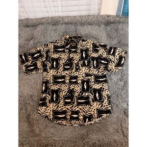 Puritan Mens Large Tuna Fish Tropical Palm Print Cotton Button Down Shirt Black